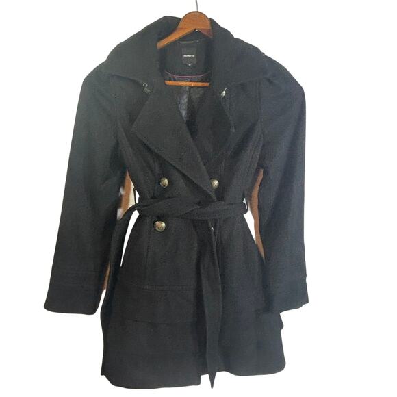 Vintage Y2k Express Black Wool Belted Ruffle Tiered Bottom Coat Trench Sz Medium - Picture 1 of 8